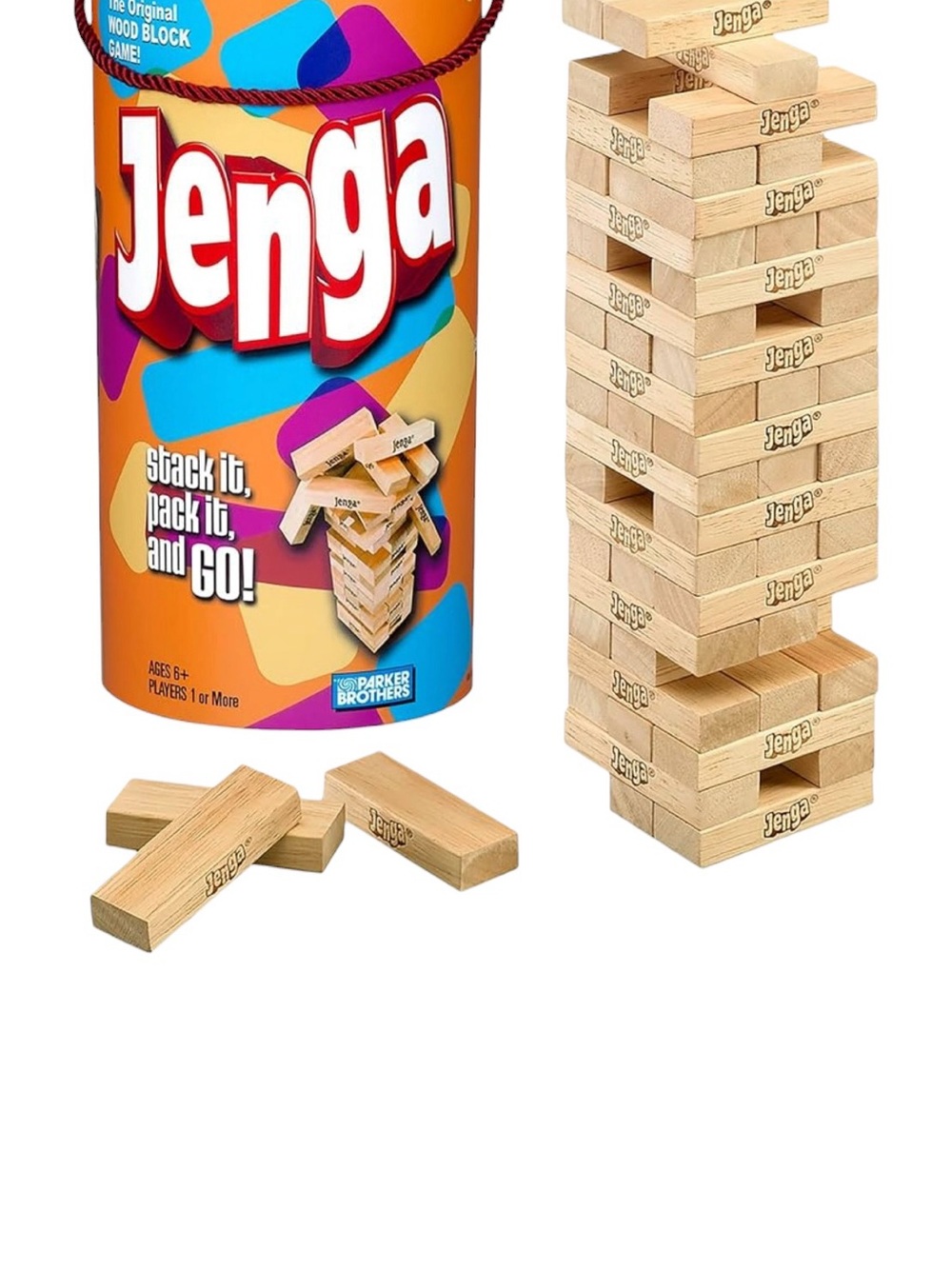 Jenga Original Wood Block Game Parker Brothers Orange Cylinder Tube Complete - Picture 4 of 6